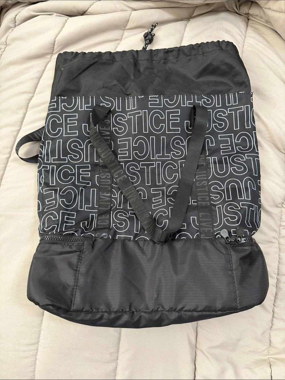🫶🏼3 for $12!!🫶🏼 Justice Black Drawstring Tote with Repeat Logo